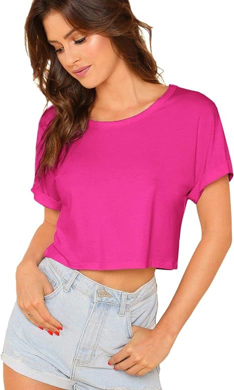 SweatyRocks Women's Casual Round Neck Short Sleeve Soild Basic Crop Top T-Shirt Hot Pink Small at... | Amazon (US)