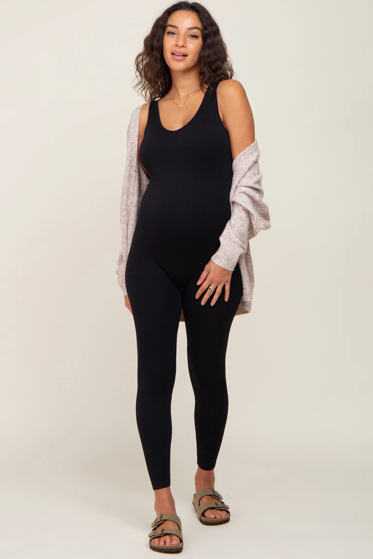 Black V-Neck Seamless Ribbed Fitted Maternity Jumpsuit | PinkBlush Maternity