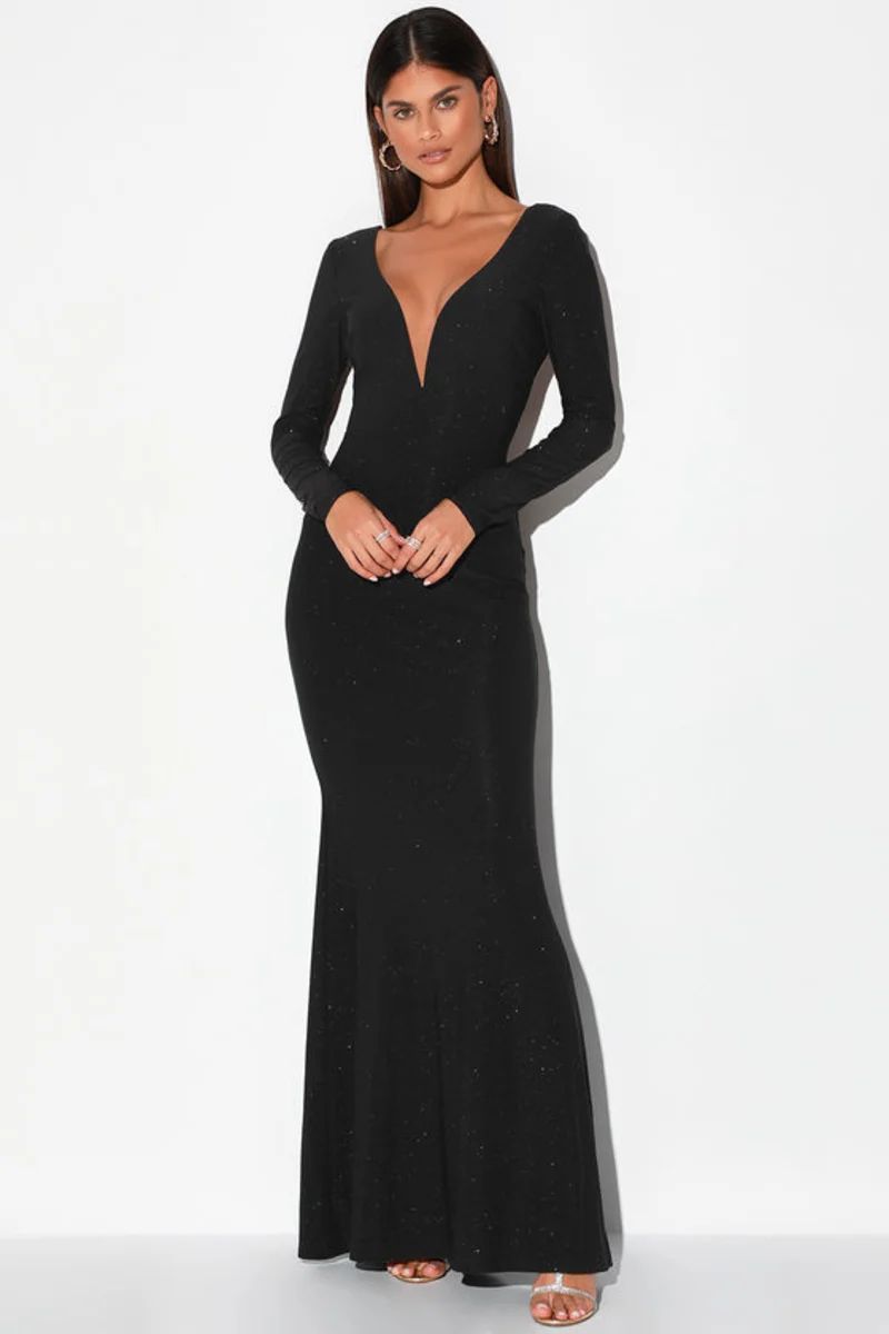 Glamorous in Glitter Black Long Sleeve Backless Maxi Dress | Lulus (US)