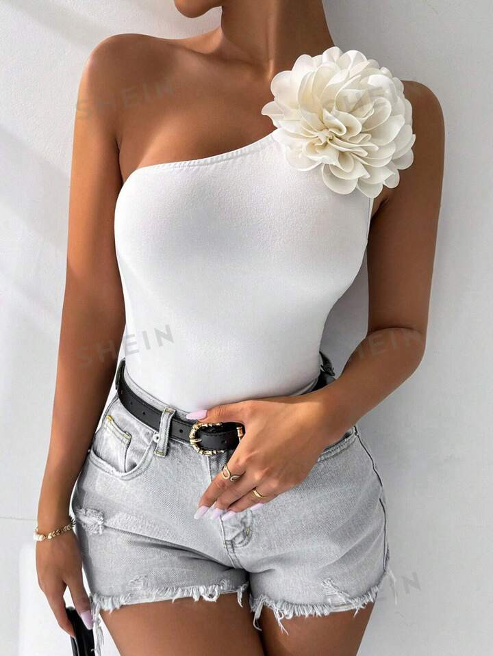 SHEIN Privé Women's Slim Fit One-Shoulder Top With 3D Flower Decoration, Summer4.94(100+) | SHEIN