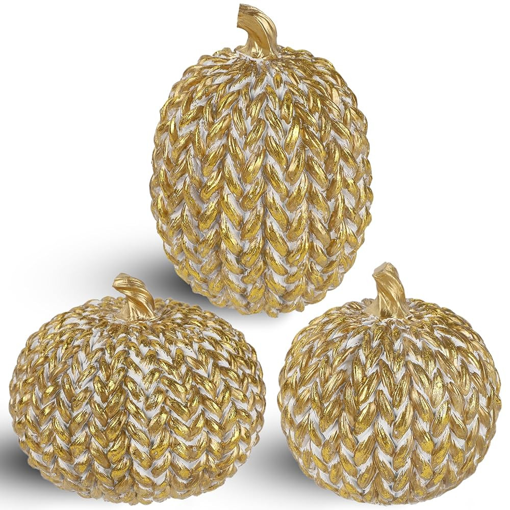 winemana Fall Decorations for Home Set of 3, Gold & White Resin Pumpkin Decor with Woven Design -... | Amazon (US)