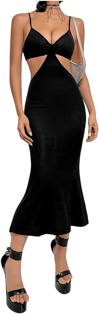 SOLY HUX Women's Cut Out Cami Dress Spaghetti Strap Backless Midi Bodycon Dress | Amazon (US)