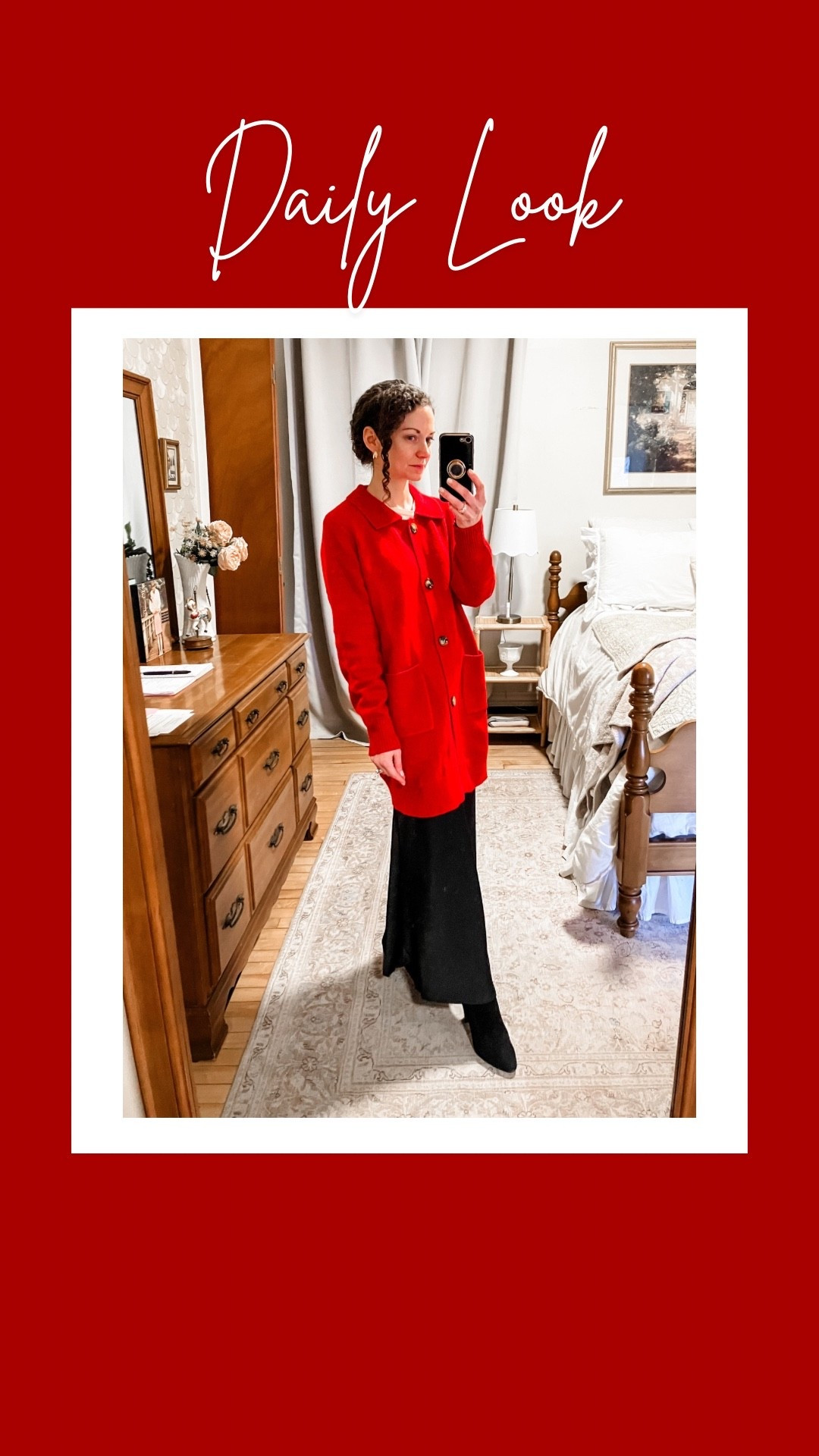 This whole look is from Amazon!
Red long cardigan from Amazon. 
White cotton white T-shirt from Amazon. 
Black satin maxi skirt from Amazon. 
Gold and white topaz earrings from Peachmind. 
Eternity band ring from Amazon. 
Boots are old from Blondo, linking similar. 
Petite outfit. Classic outfit. Modest outfit. Elegant outfit. Winter outfit  

#LTKootd #LTKgrwm #LTKdayinmylife