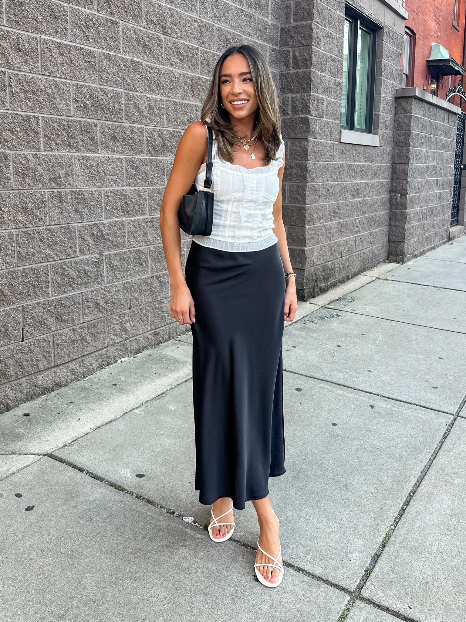 Summer date night outfit 🤍 love this pull on satin midi skirt for an easy dinner outfit! Wearing a Small in satin slip skirt and Small in white tank 

#LTKstyletip #LTKunder100
