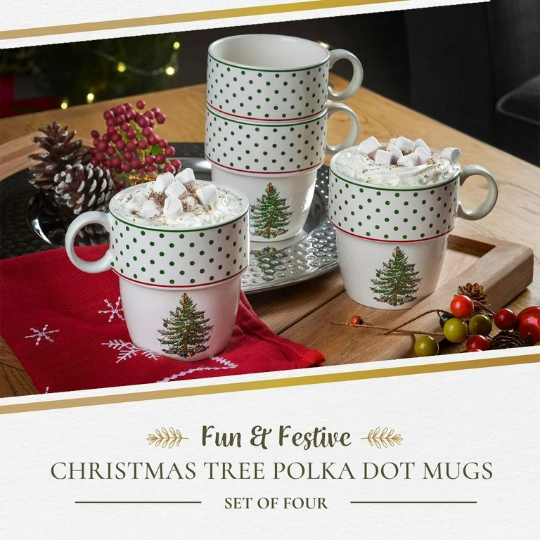 Spode Christmas Tree Polka Dot Stackable Mugs, Set of 4 - Festive 10oz Mugs for Hot Chocolate and... | Walmart (US)