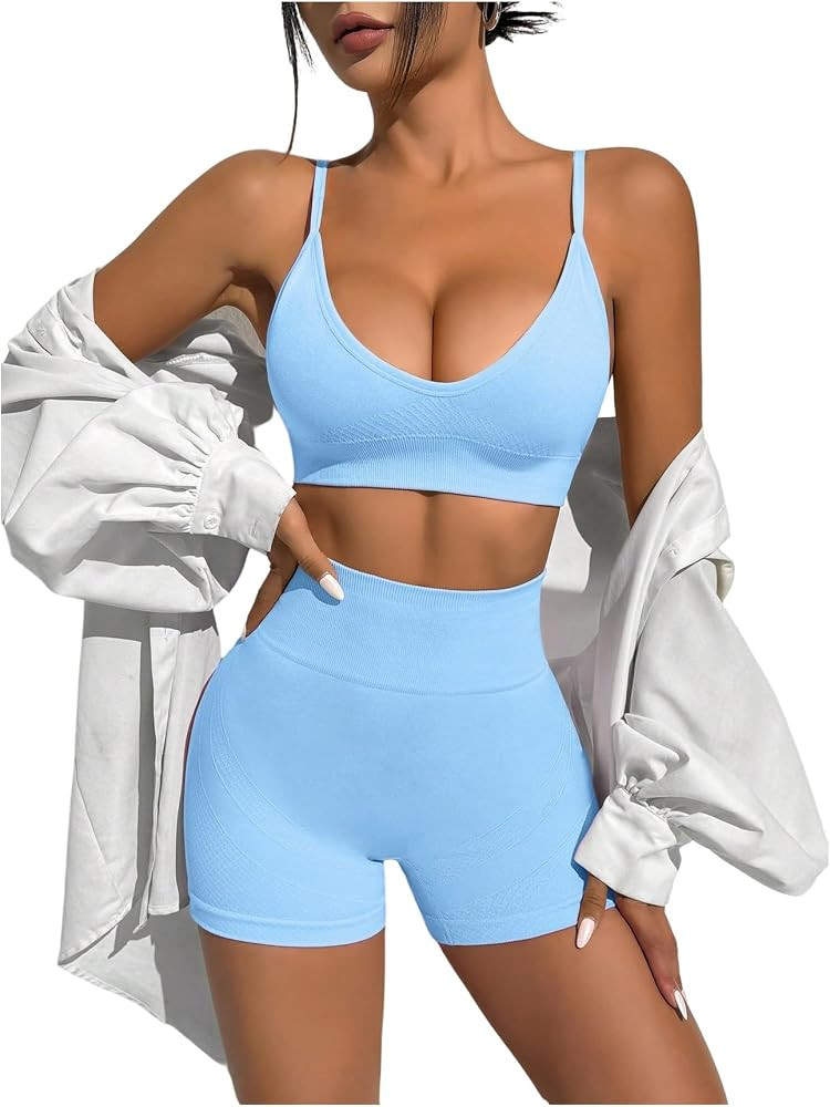 SweatyRocks Women's 2 Piece Yoga Gym Outfits Crop Cami Butt Lifting Biker Shorts Seamless Workout... | Amazon (US)