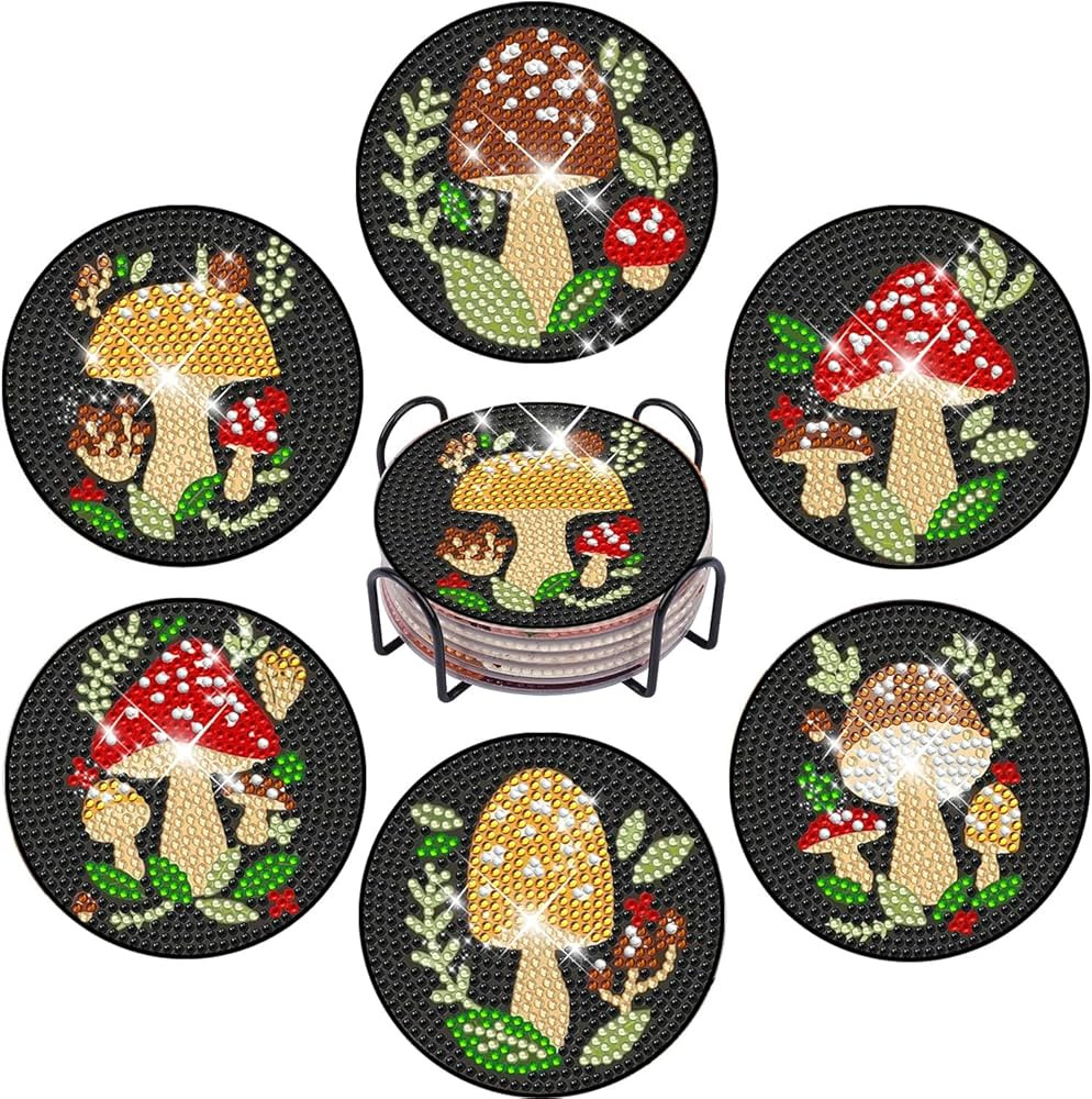 EWJRNSF 6 PCS Mushroom Shaped Diamond Painting Art Coaster Set with Holder Diamond Art Coasters S... | Amazon (US)