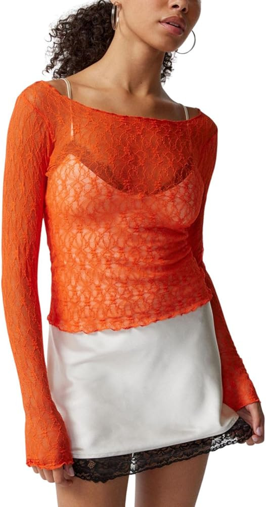 RUEWEY Women's Sheer Lace Going Out Tops Long Sleeve Slim Fit Crop Tops Shirt Streetwear | Amazon (US)