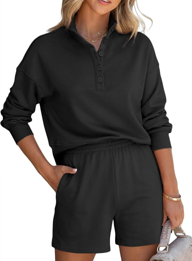 Aleumdr Women 2 Piece Outfits Sweatsuit 2023 Fashion Long Sleeve V Neck Button Down Pullover and ... | Amazon (US)