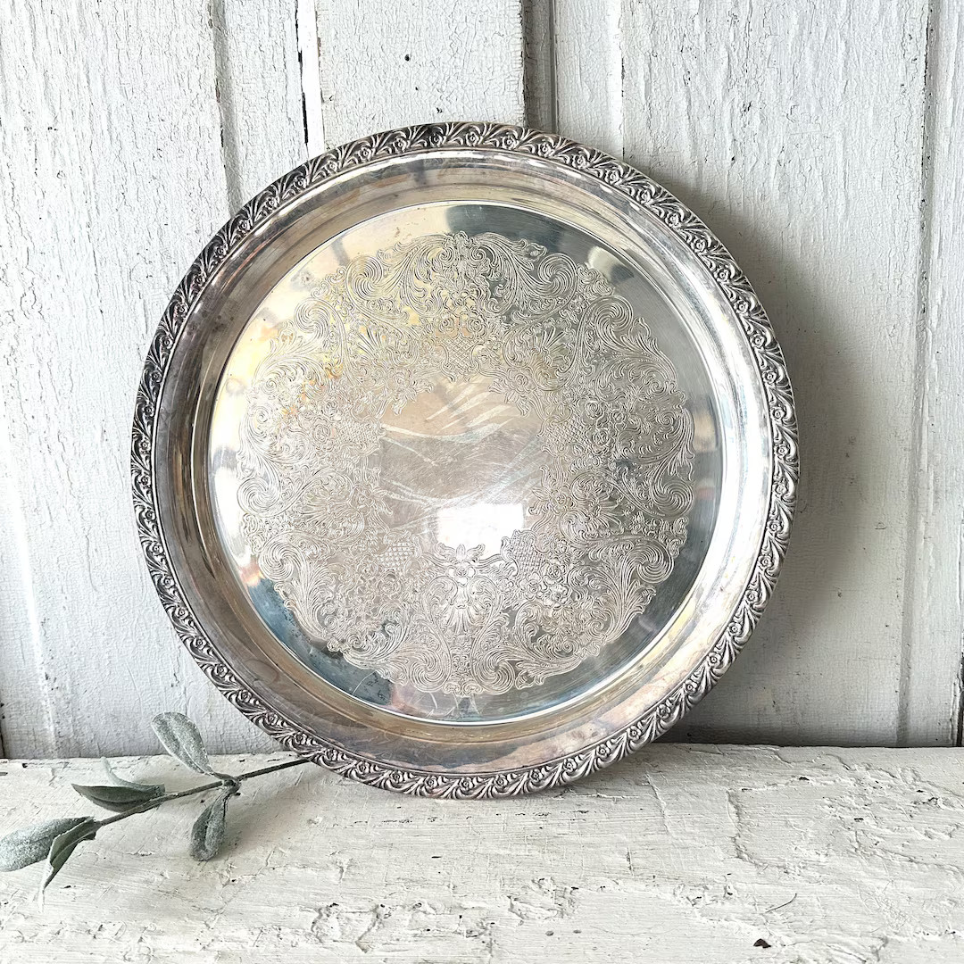 Round Silver Plate Large  Platter Tray Ornate | Etsy (US)