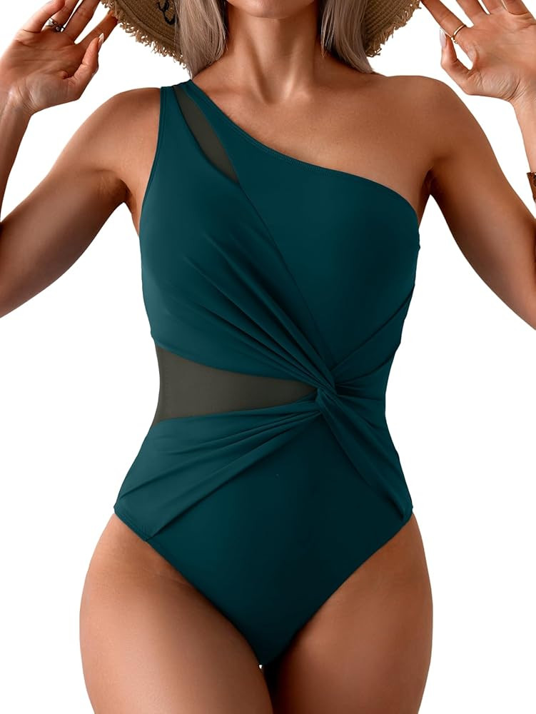 One Shoulder One Piecce Swimsuit for Women Mesh Tummy Control Bathing Suit Twist Swimwear | Amazon (US)