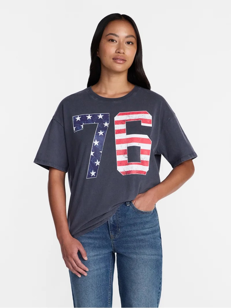 Americana 76 Women's Graphic Cotton Tee with Short Sleeves from Way to Celebrate, Sizes XXS-XXL | Walmart (US)