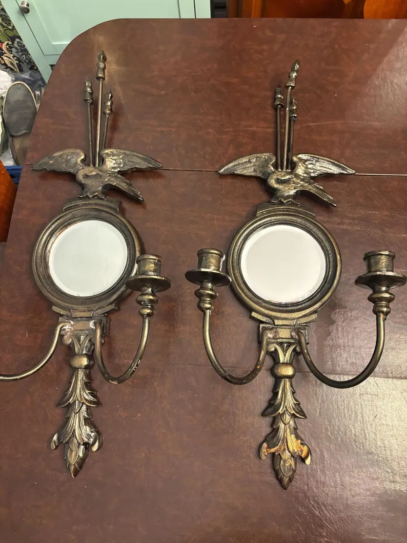 Vintage Italian Federal Eagle Sconces, Gold Mirror Candelabras, Hollywood Regency, Pair - Etsy | Etsy (US)