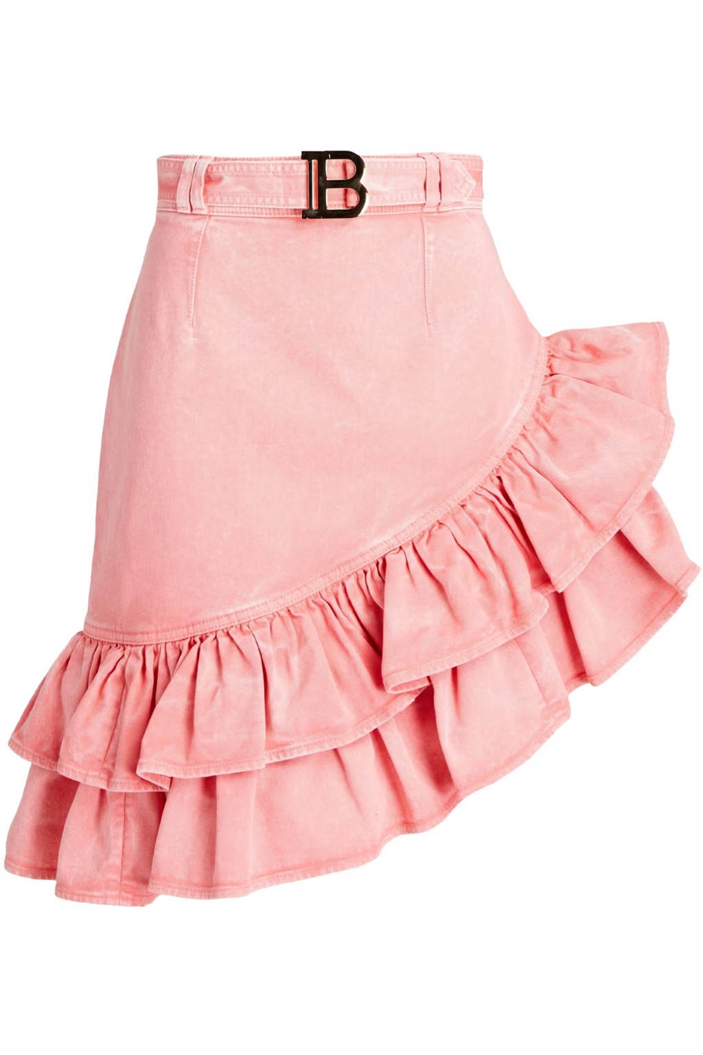 Asymmetric belted ruffled denim mini skirt | The Outnet (US and CA)