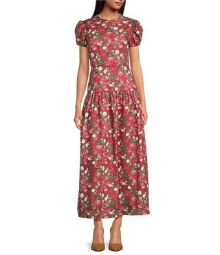 Damaris Bailey Gisella Floral Short Puff Sleeve Round Neck Drop Waist Maxi Dress | Dillard's | Dillard's
