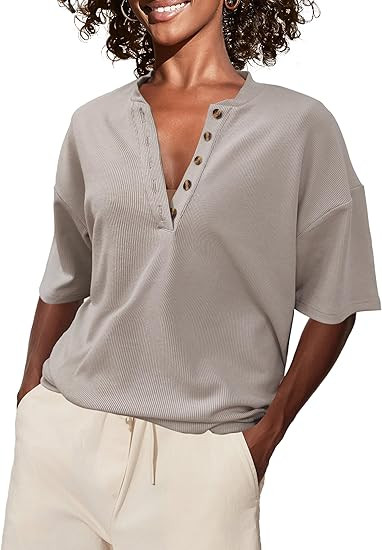 SuperPrity Womens Summer Tops Casual Button Down Short Sleeve Shirts Loose Fit Knit Ribbed Blouse... | Amazon (US)