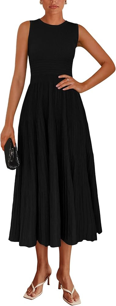 PRETTYGARDEN Women's Summer Midi Dresses 2025 Sleeveless Crewneck Knit A Line Pleated Swing Weddi... | Amazon (US)