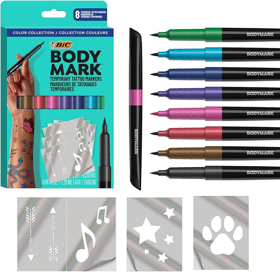 BODYMARK Temporary Tattoo Markers, 8-Count Color Collection, Skin-Safe & Cosmetic Quality, Cruelt... | Amazon (US)