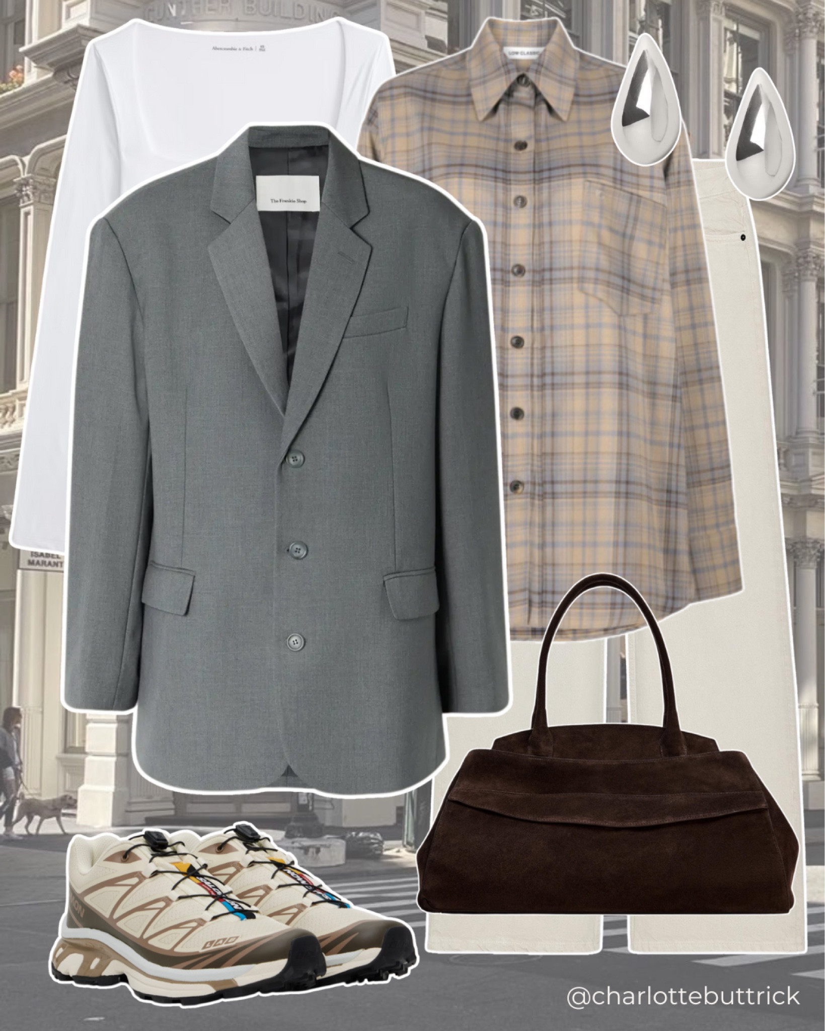 Spring capsule wardrobe, capsule wardrobe spring 2025 - transitional winter to spring layers - grey blazer  - jeans - Salomon xt6 - work-friendly outfits - wardrobe essentials - wardrobe staples - basics - trendy sneakers - Zara suede bag - ecru jeans 

#LTKFashionMonth #LTKspring #LTKuk