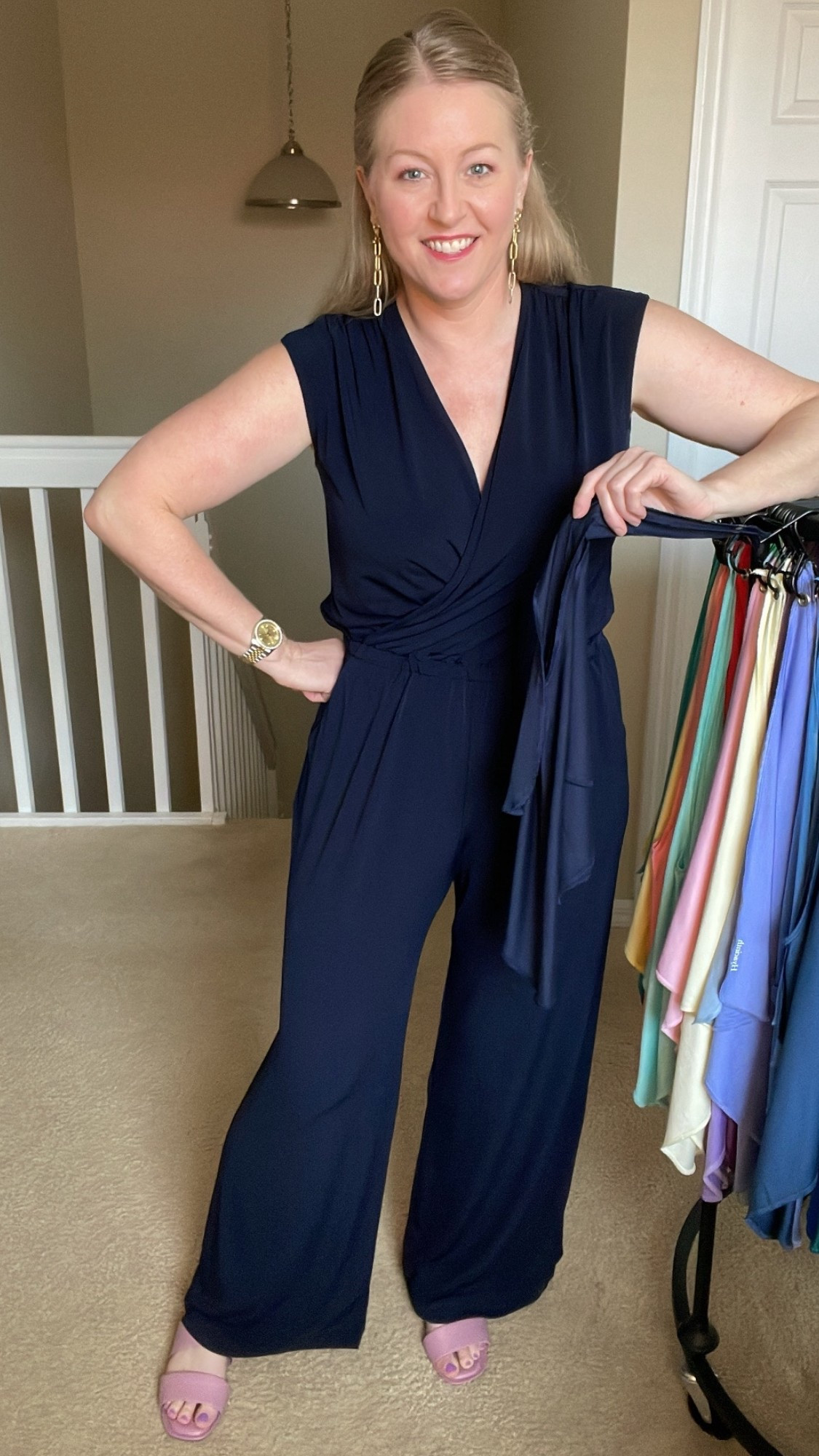 Obsessed with this jumpsuit! Navy for Summers and Winters, but a much ‘better than black’ cheat color for any season.
Paired with the comfiest and super affordable sandal, with colors for every season! 