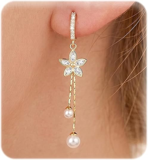 Pearl Earrings for Women, Gold Pearl Drop Floral Earrings for Grils Boho Silver Dangle Earring, W... | Amazon (US)