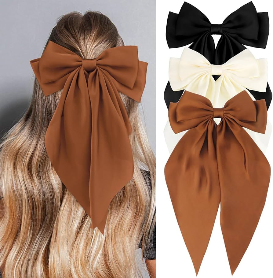 Velscrun Women Girls Hair Accessories: 3Pcs Satin Oversized Bow Clips in White, Black, and Dark B... | Amazon (US)