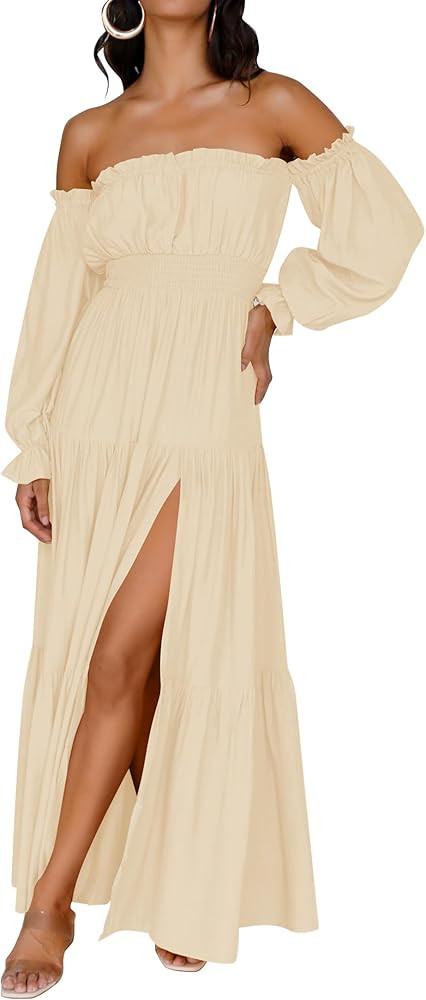 ZESICA Women's 2025 Boho Sexy Off Shoulder Long Sleeve Smocked High Waist Side Split Flowy A Line... | Amazon (US)