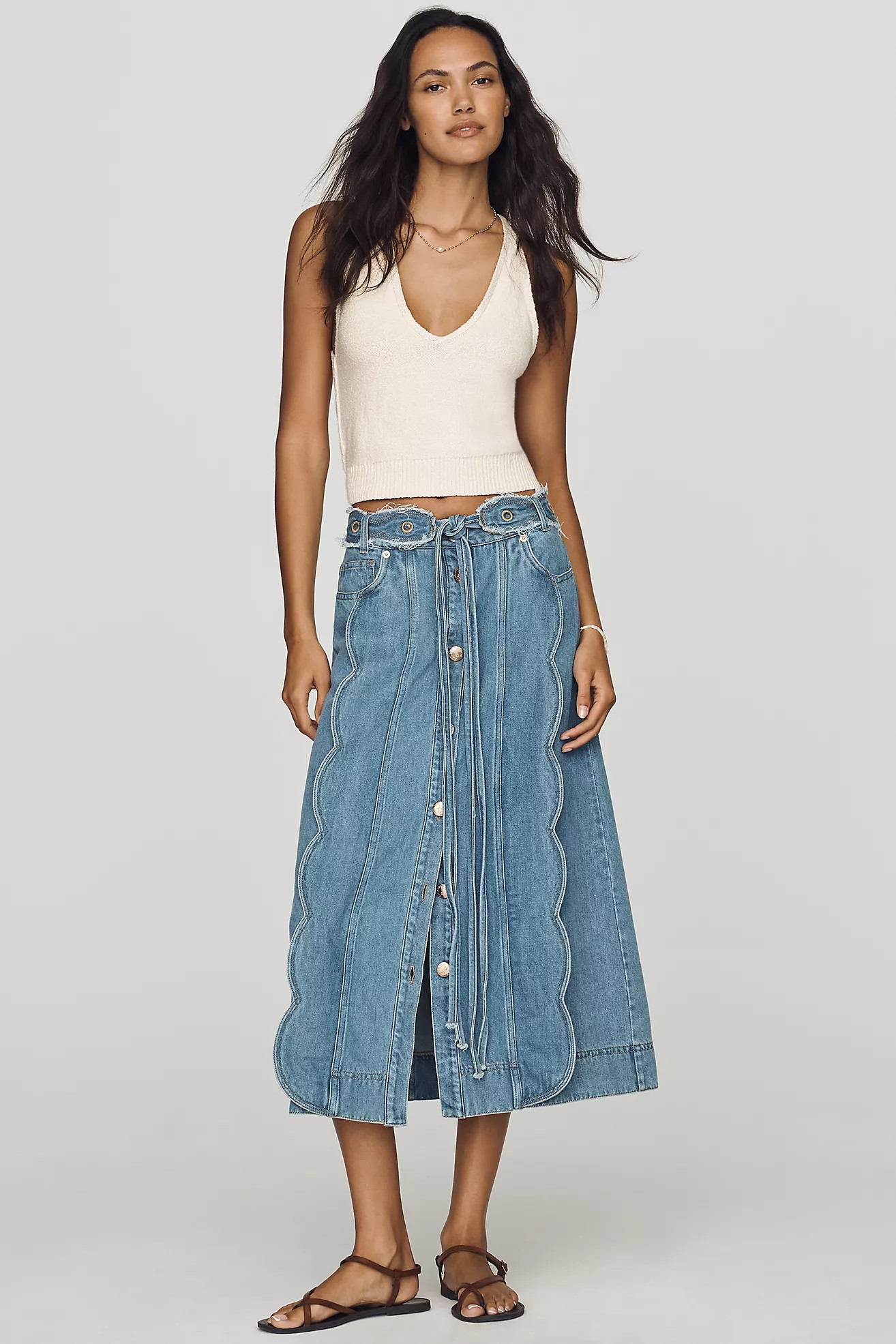 Farm Rio Ora Denim Midi Skirt | Anthropologie (US)