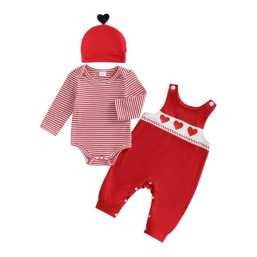 HYADRBLEBY Baby Boy Valentines Outfit Newborn Stripe Romper+Heart Overall Pants+Hat Infant Boys First Valentines Day Outfit (Heart, 6-9 Months) | Amazon (US)