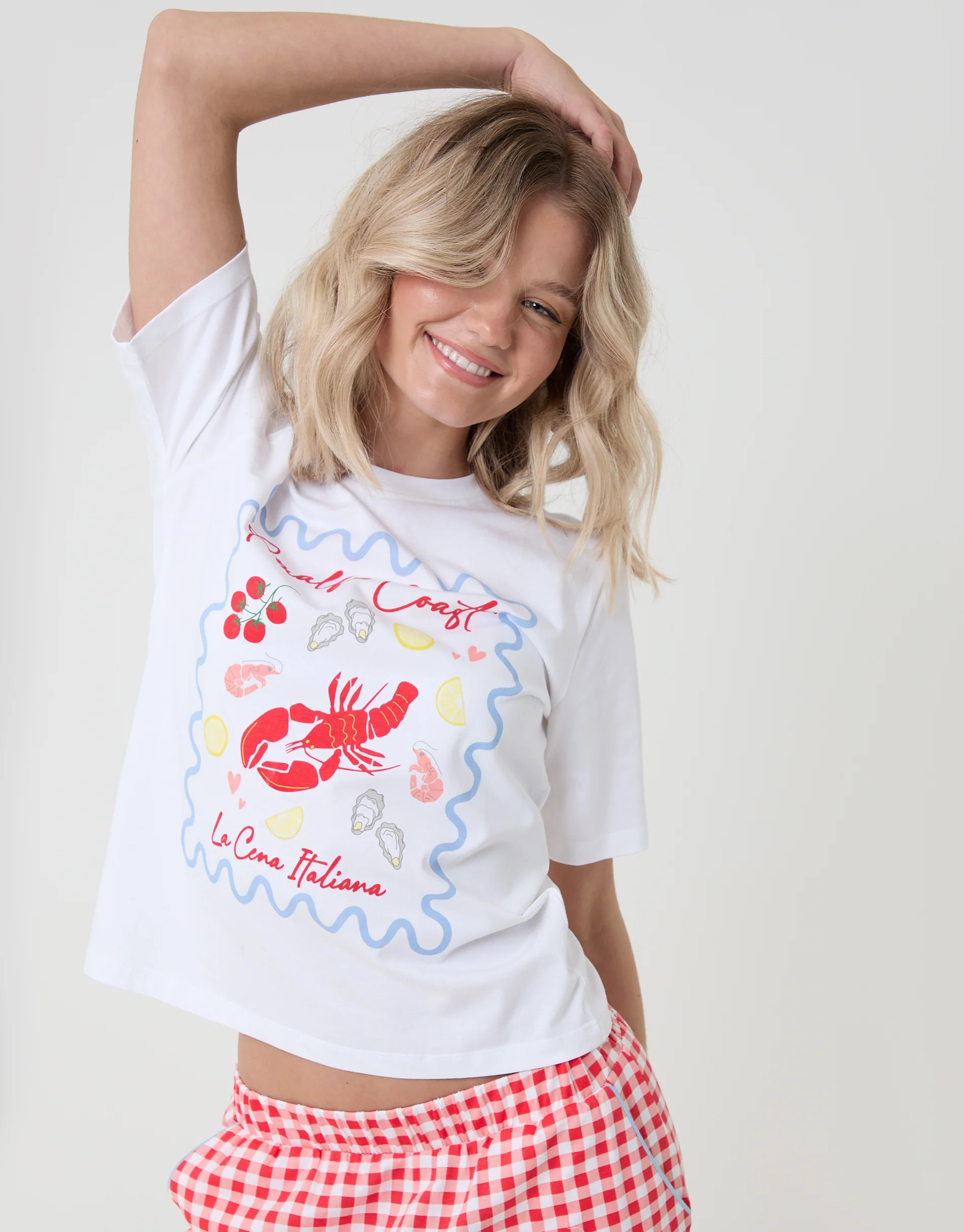 Amalfi Coast Print Pure Cotton Pyjama Set in Red Gingham | Threadbare