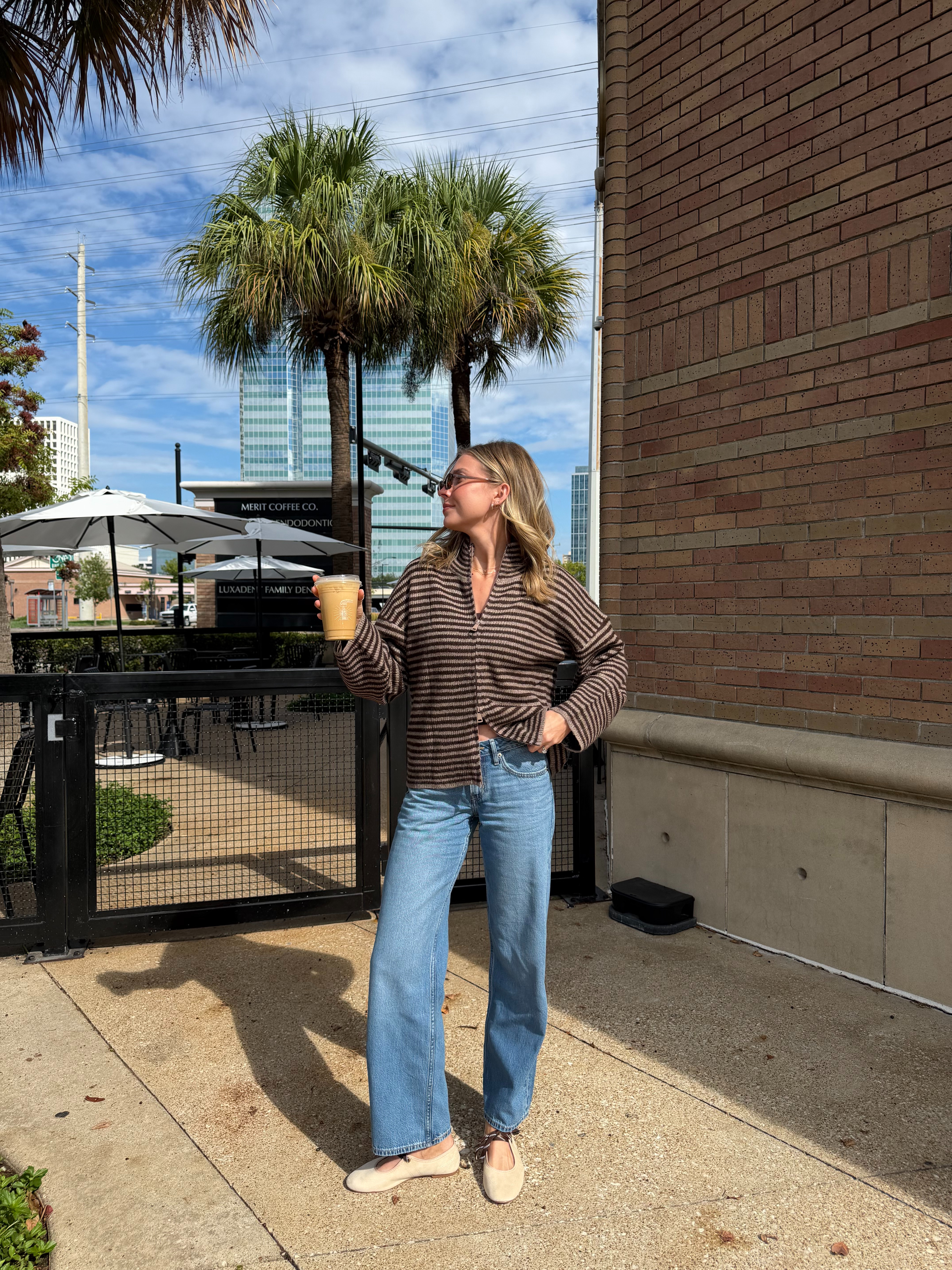 Cute casual fall outfit now that it's finally cooling down in Houston! Wearing S in striped zip up and S in bra tank layered under! 26 in my fav denim 

 #LTKootd #LTKmomlife #LTKTall