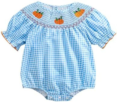 Newborn Baby Girl Smocked Thanksgiving Outfit Infant Plaid Bubble Romper Embroidery Turkey Fall C... | Amazon (US)