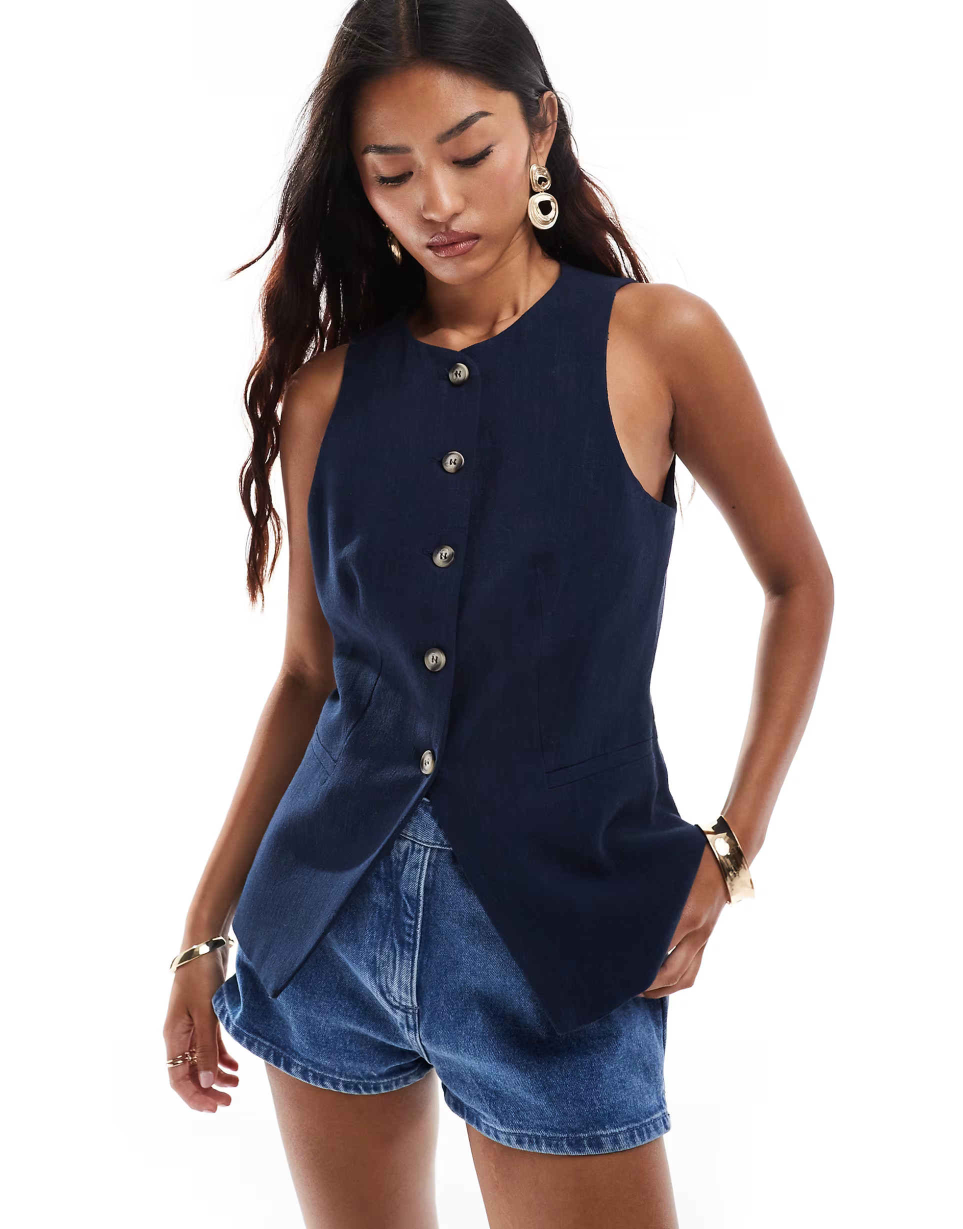 ASOS DESIGN high neck linen blend vest in navy | ASOS (Global)