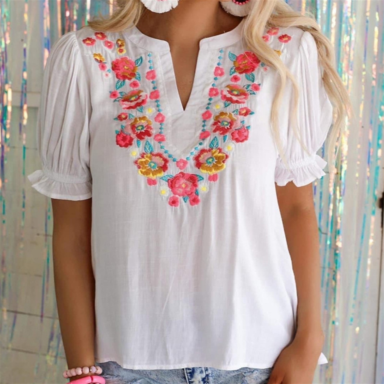 Floral Embroidered Puff Sleeve Top | Jane