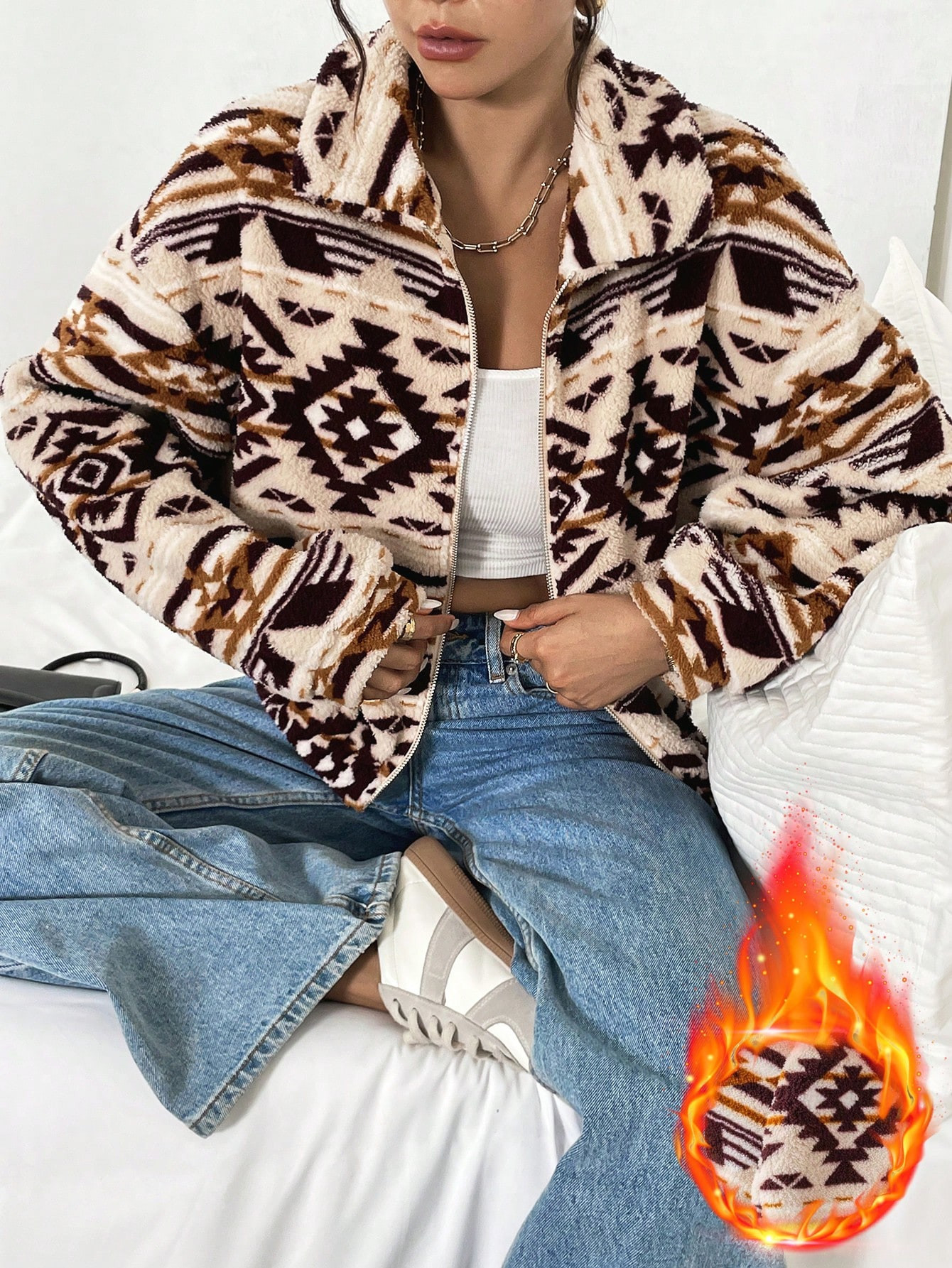 SHEIN Essnce Women's Fashion Casual Geometric Pattern Fleece Jacket Zippered Plush Jacket, Autumn... | SHEIN