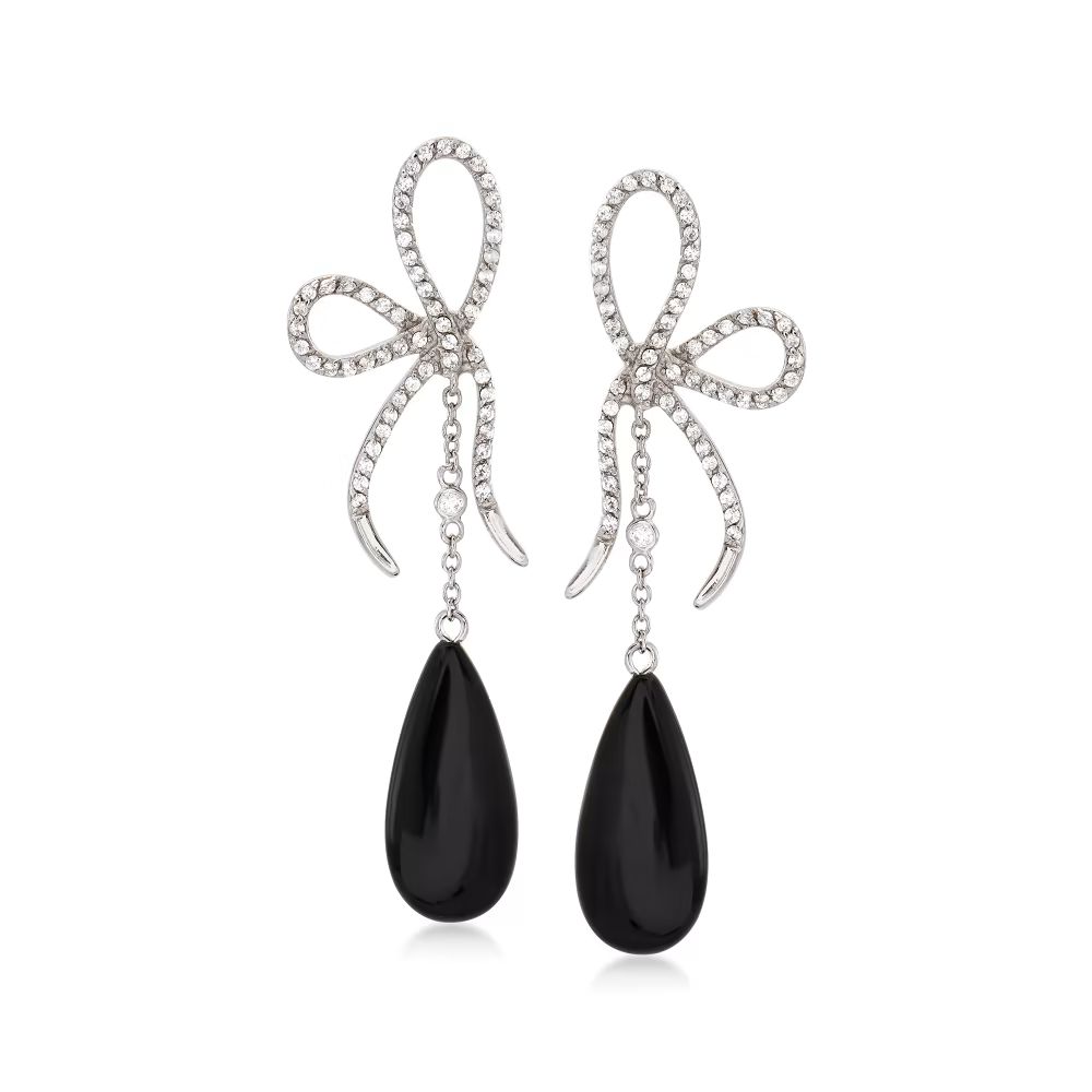 Black Onyx and 1.20 ct. t.w. CZ Bow Drop Earrings in Sterling Silver | Ross-Simons