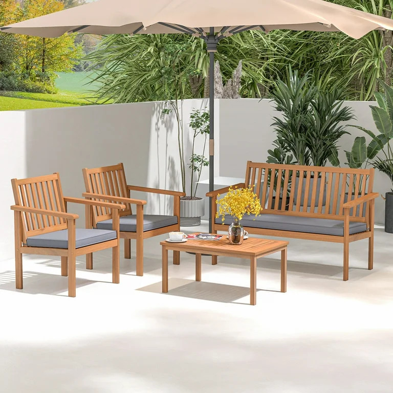 Costway 4 Pieces Patio Wood Furniture Set with Loveseat, Gray | Walmart (US)