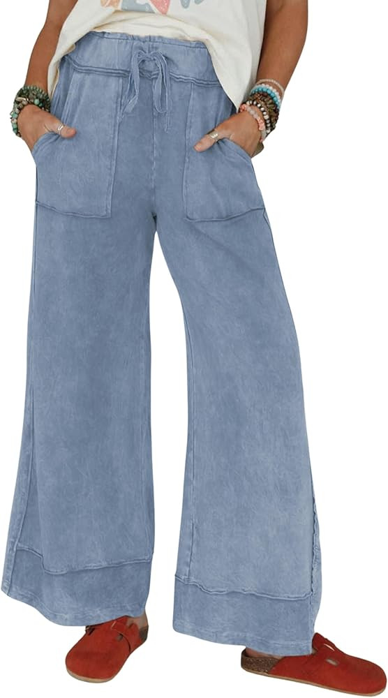 Athlisan Womens Casual Wide Leg Sweatpants Acid Wash Elastic Waisted Palazzo Pants Trousers with ... | Amazon (US)