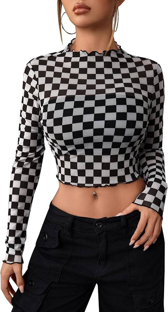 SOLY HUX Women's Plaid Sheer Mesh Tee Mock Neck Long Sleeve Lettuce Trim Crop Tops T Shirt | Amazon (US)