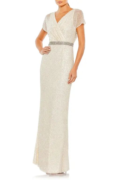 Mac Duggal Beaded Column Gown in Nude Silver at Nordstrom, Size 22 | Nordstrom