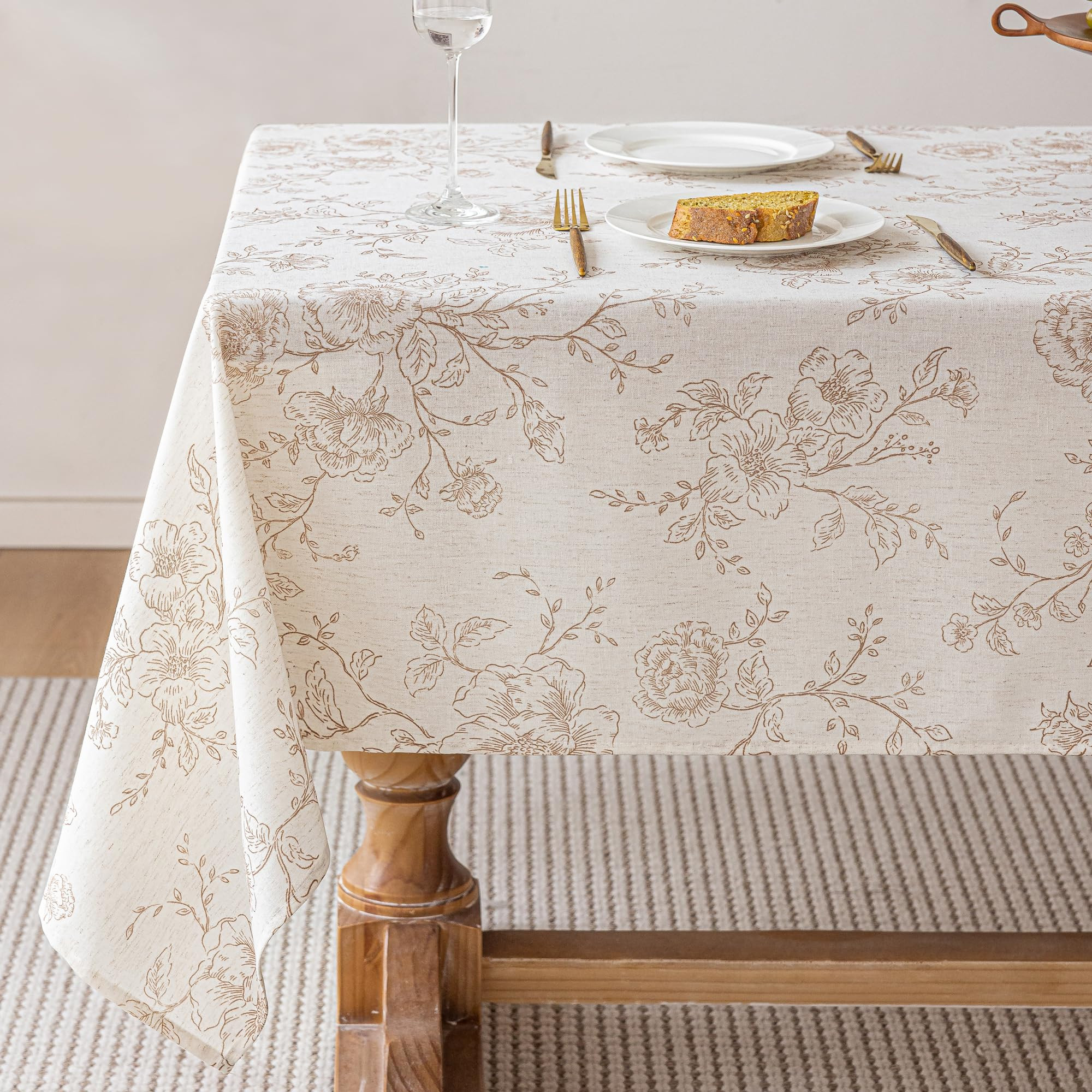 Floral Linen Table Cloth 55 x 84 inch Wrinkle Resistant Vintage Farmhouse Tablecloth Brown Patter... | Amazon (US)