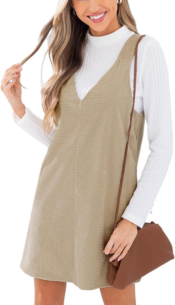 CUPSHE Women's Mini Dress V Neck Sleeveless Woven A Line Overall Cocktail Dress Khaki | Amazon (US)