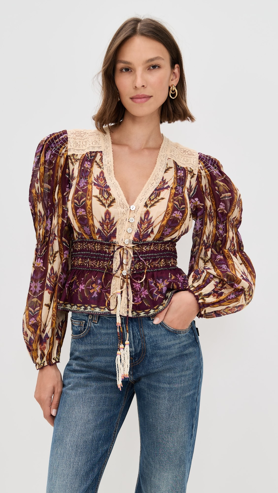 Embroidered Tapestry Sand Long Sleeve Blouse | Shopbop