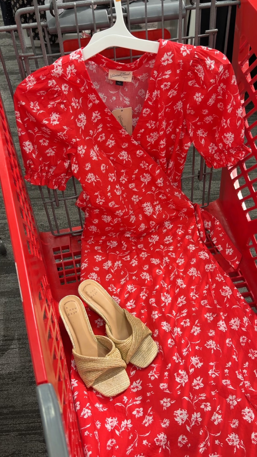 Target wrap dress, this one’s a real wrap. And wedge sandals everyone loves! They go with everything. #targetstyle