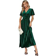 Simplee Women’s V Neck Velvet Maxi Dress Short Sleeve Empire Waist Long Formal Dress for Weddin... | Amazon (US)