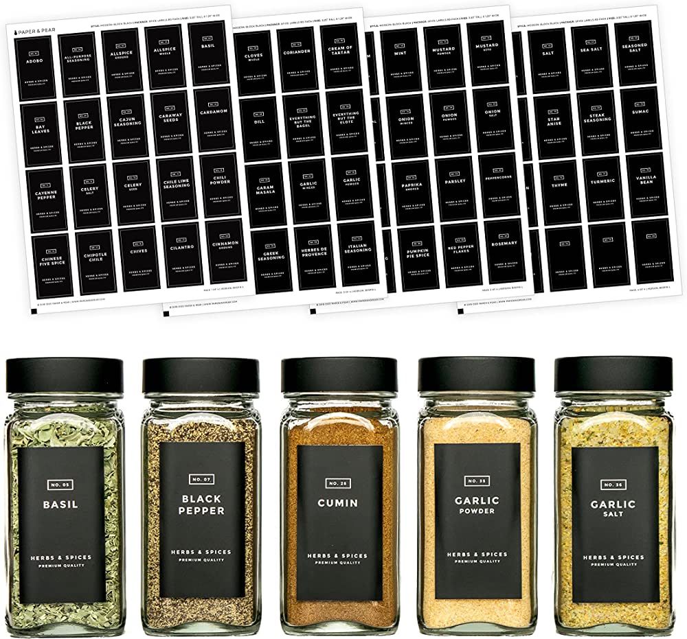 Modern Block-Black Spice Labels (no Jars) by Paper & Pear - Oil Resistant Kitchen Pantry Labels- ... | Amazon (US)