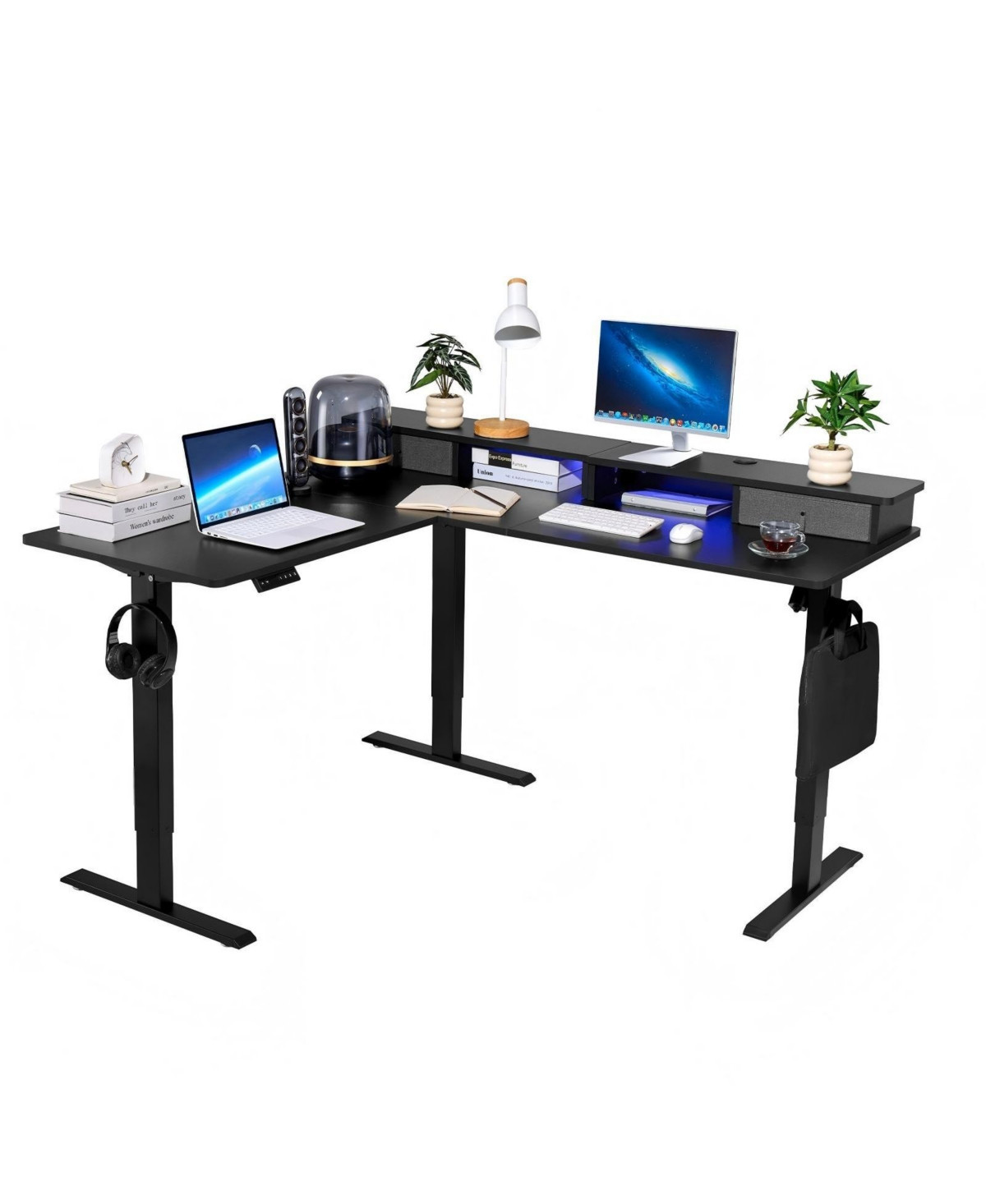 Gouun L Shaped Electric Standing Desk 63 x 55 in, Adjustable Height Corner Desk with Led Light Strip and Power Strip - Black | Macy's