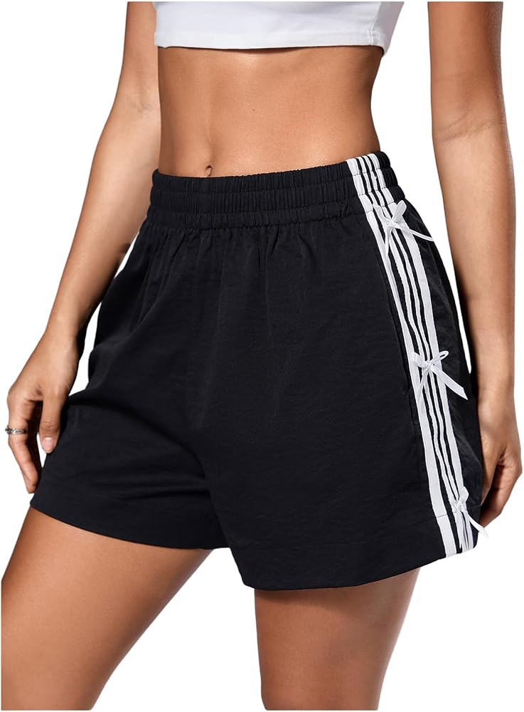 Verdusa Women's Bow Striped Track Shorts Y2k Wide Leg Athletic Gym Shorts | Amazon (US)
