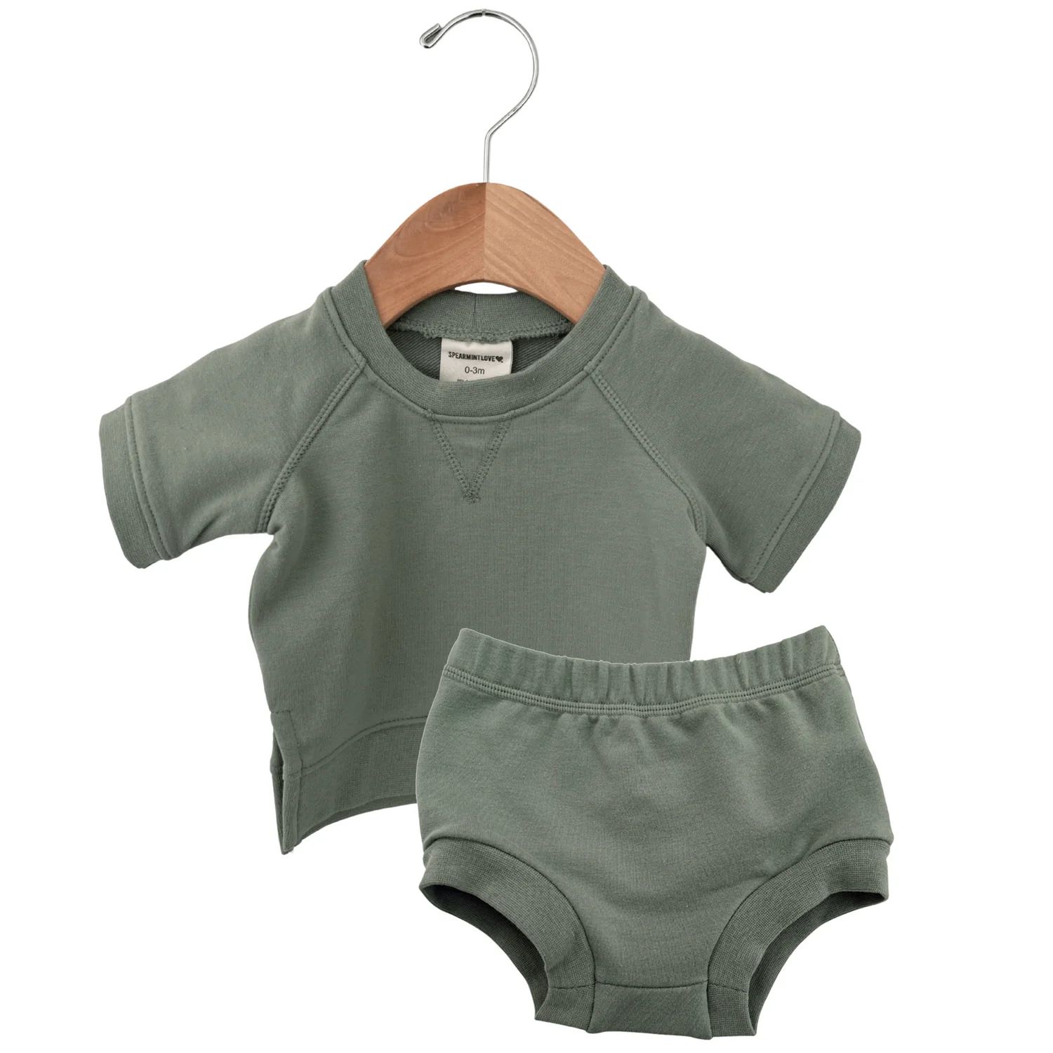 French Terry Short Sleeve Crew Set, Mountain Green | SpearmintLOVE