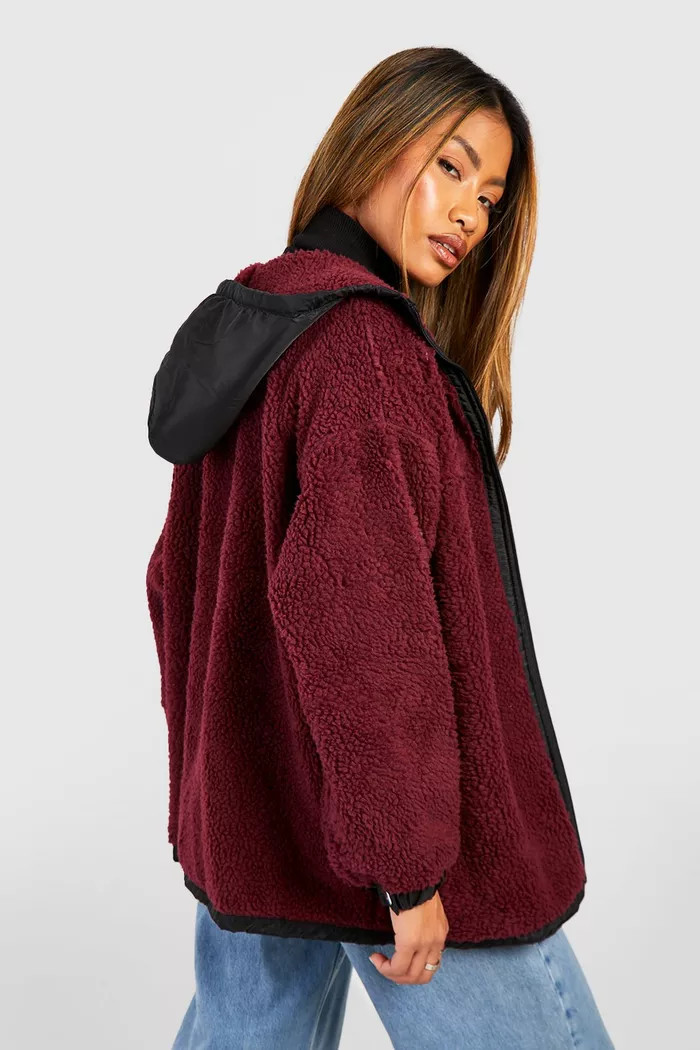 Contrast Nylon Detail Teddy Zip Jacket | boohoo (US & Canada)